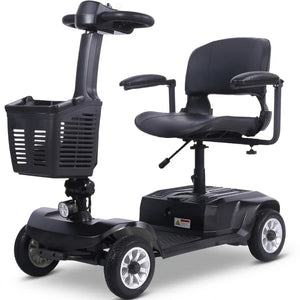 Scooter eléctrico de 4 ruedas gris de dimensiones compactas ideal para uso domiciliario, ascensores y maniobras reducida dortomedical