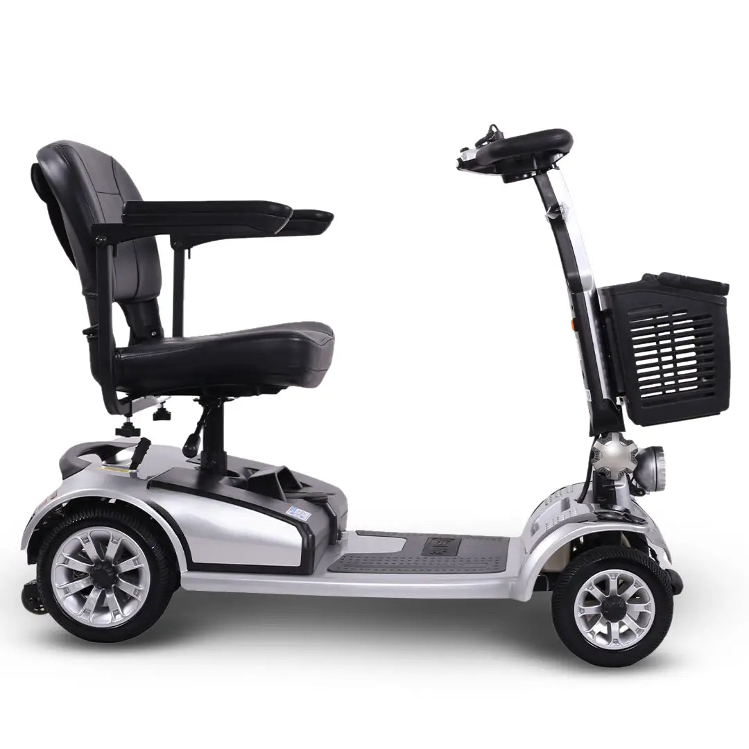 Vista lateral derecho del scooter para mayores con mástil plegable y asiento extraíble para un almacenaje sencillo en casa dortomedical