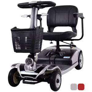 Vista frontal seminclinada del scooter de 4 ruedas mate de máxima estabilidad y conduccion segura para personas mayores dortomedical