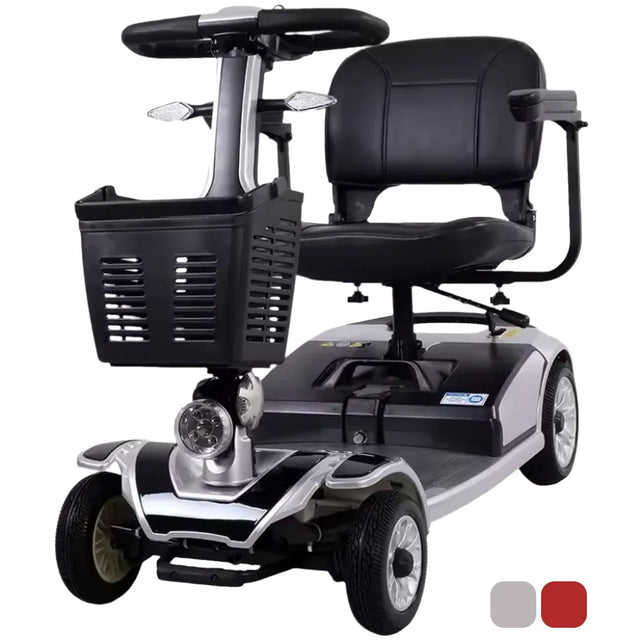 Vista frontal seminclinada del scooter de 4 ruedas mate de máxima estabilidad y conduccion segura para personas mayores dortomedical