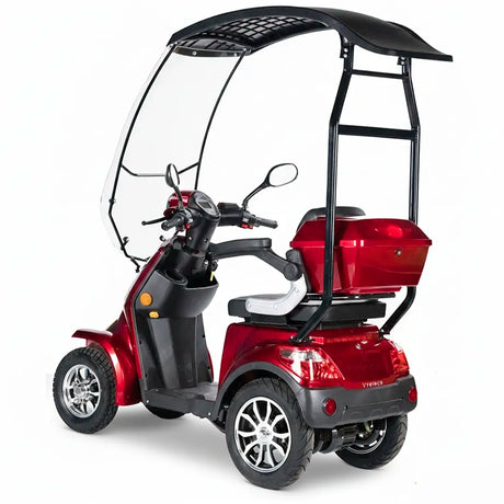 Scooter eléctrico rojo de 4 ruedas con autonomía de 45 a 60 km por carga completa dortomedical