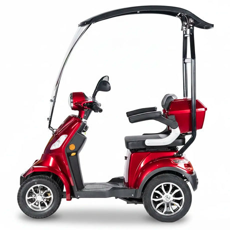 Scooter rojo con capacidad para subir pendientes de hasta 17 grados y radio de giro de 220 cm dortomedical