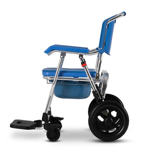 Perfil lateral de la silla de transferencia para ducha con ruedas delanteras con freno de seguridad dorotmedical