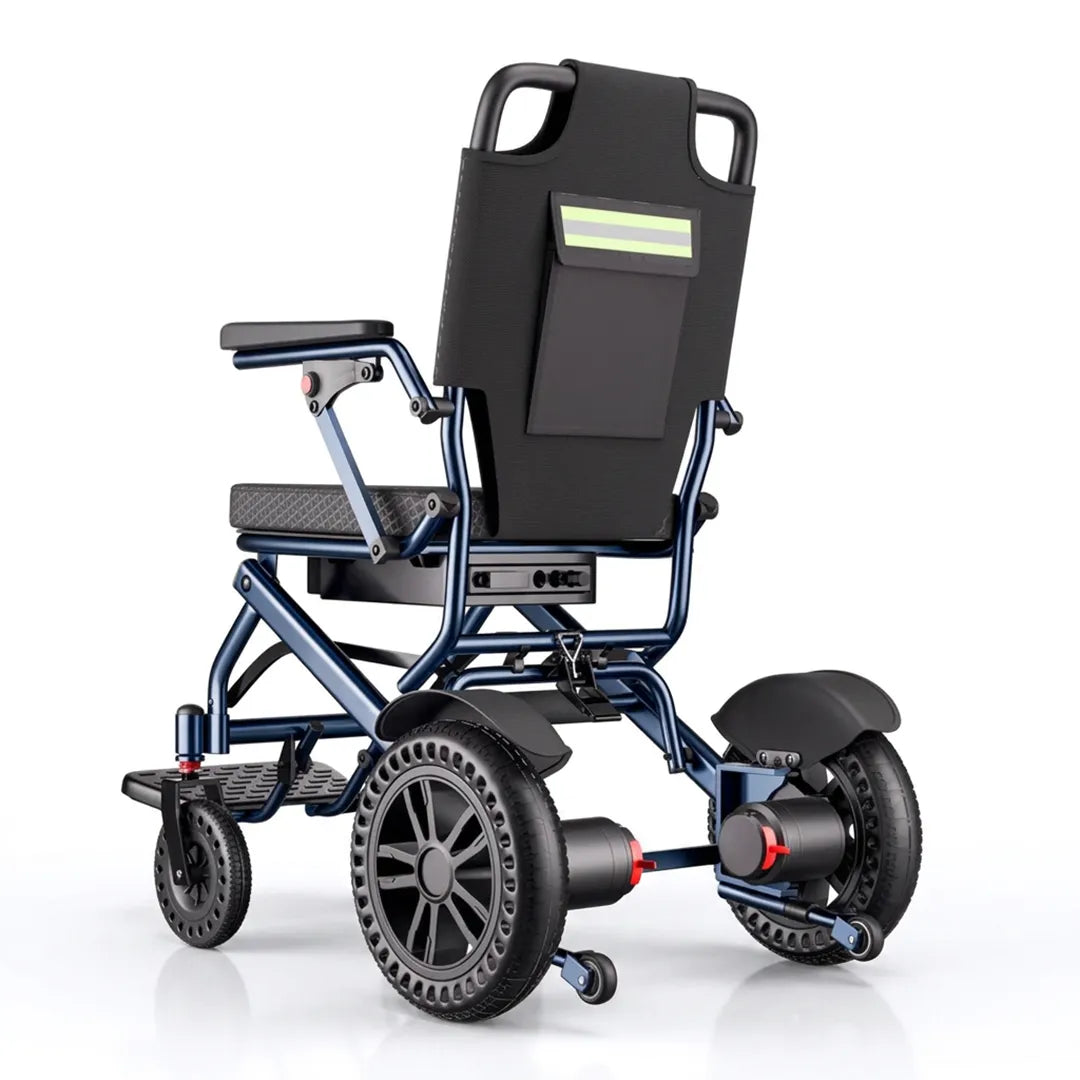 Vista trasera de la silla de ruedas eléctrica compacta de plegado vertical y 18.5 kg para fácil transporte en maletero dortomedical