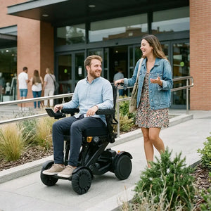 Usuario visitando centro comercial utilizando la silla de ruedas eléctrica desmontable en cuatro piezas para facilitar su transporte y mantenimiento dortomedical