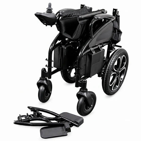 Vista plegada de la silla de ruedas eléctrica SIRA plegable, práctica y cómoda para viajar dortomedical