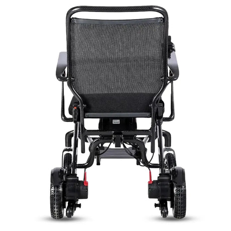Vista trasera de la silla de ruedas motorizada con chasis de carbono de 15 kilos que da facilidad de levantar para personas mayores dortomedical