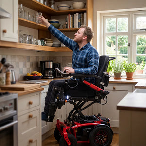 chico joven en la cocina alcanzando un vaso sentado en la silla eléctrica forest 3 con elevación eléctrica y basculación que facilita la accesibilidad para personas discapacitadas dortomedical

