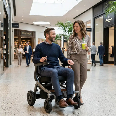 Un joven se desplaza con autonomía por los pasillos de un centro comercial usando la silla eléctrica; sus medidas compactas son ideales para giros y espacios interiores dortomedical