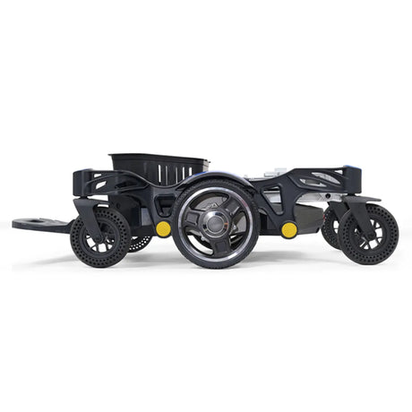 Vista plegada de la silla eléctrica con estructura desmontable rápidamente en 3 partes para facilitar el transporte y almacenamiento dortomedical