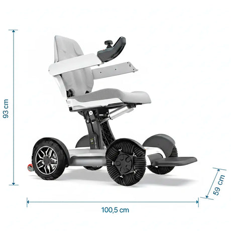 Esquema de medidas de la silla ruedas eléctrica robooter x40 con respaldo ergonómico y cómodo dortomedical