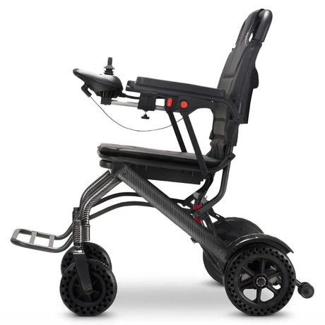 Vista lateral de la silla eléctrica ultraligera con chasis de aluminio resistente para una mayor durabilidad dortomedical