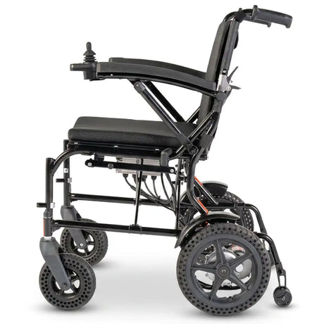 Perfil lateral de la silla con batería de litio de alta capacidad; ofrece hasta 20 km de autonomía y soporta una carga máxima de 120 kg con total estabilidad dortomedical