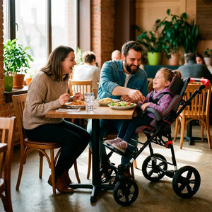 silla ortopédica infantil Zefir mostrando el arnés pélvico, la barra de seguridad y los protectores laterales dortomedical