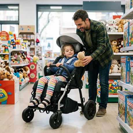 Usuario utilizando la silla ortopédica infantil Yeti con kit de transporte para facilitar su uso en vehículos adaptados dortomedical
