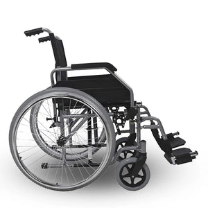 Vista lateral derecho de la Silla de ruedas con ruedas traseras de 600 mm antipinchazos y frenos de seguridad integrados de Dortomedical.