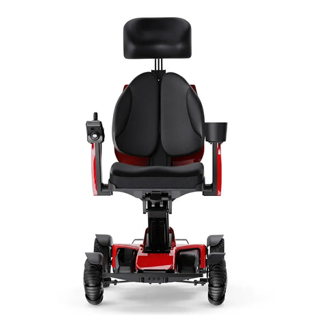 Vista frontal de la silla de ruedas eléctrica con ajuste de altura de asiento manual para una adaptabilidad personalizada según el usuario dortomedical