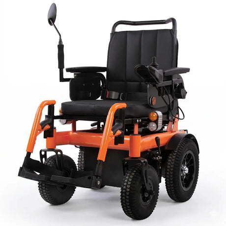 Silla de ruedas eléctrica de alta capacidad en color naranja; estructura reforzada bariátrica que soporta hasta 180 kg con total estabilidad dortomedical