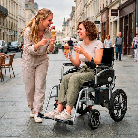 Amigas disfrutando de un helado usando la silla de ruedas eléctrica de aluminio compacta apta para viajar sin esfuerzo dortomedical