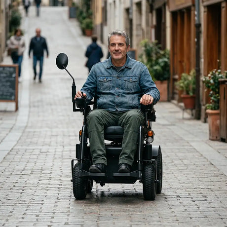 Un hombre mayor conduce la silla eléctrica sobre un pavimento de adoquines en la ciudad; las ruedas traseras de 8 cm de ancho y los amortiguadores absorben los impactos para un viaje suave dortomedical