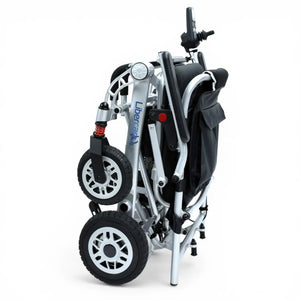 Vista plegada de la silla de ruedas eléctrica con asiento viscoelástico para un confort prolongado y ergonómico dortomedical