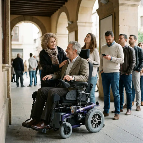 Usuario yendo al teatro en la silla de ruedas eléctrica con estructura de acero resistente hasta 160 kg dortomedical