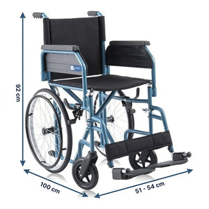 Medidas de la Silla de ruedas plegable con diseño compacto para un almacenamiento sencillo en espacios pequeños de Dortomedical.