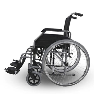 Vista lateral izquierdo de la Silla de ruedas premium con asiento y respaldo acolchados en tejido lavable para higiene de Dortomedical.