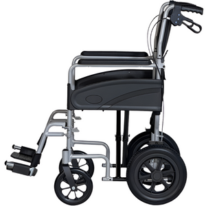 Vista lateral de silla de ruedas de aluminio con distancia asiento-reposapiés ajustable de 36 a 50 cm dortomedical