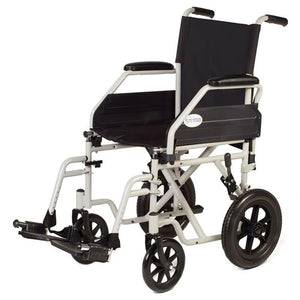Silla de ruedas manual para traslado en acero con reposapiés y reposabrazos abatibles para facilitar transferencias laterales dortomedical