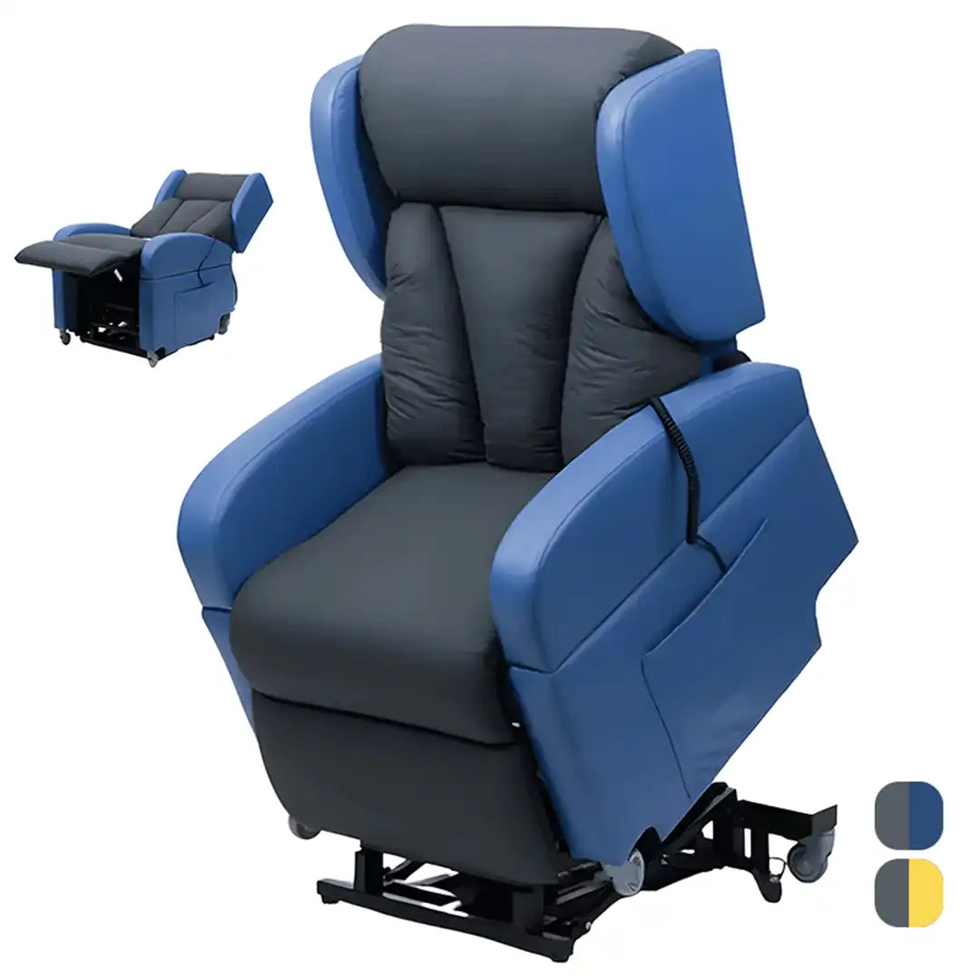 Sillón ortopédico con función de elevación para facilitar la incorporación de personas con movilidad reducida; chasis robusto con regulación de altura dortomedical