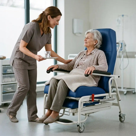Usuaria siendo atendida apoyad en el respaldo articulado de un sillón médico reclinable para adaptar la postura de forma rápida y sencilla dortomedical