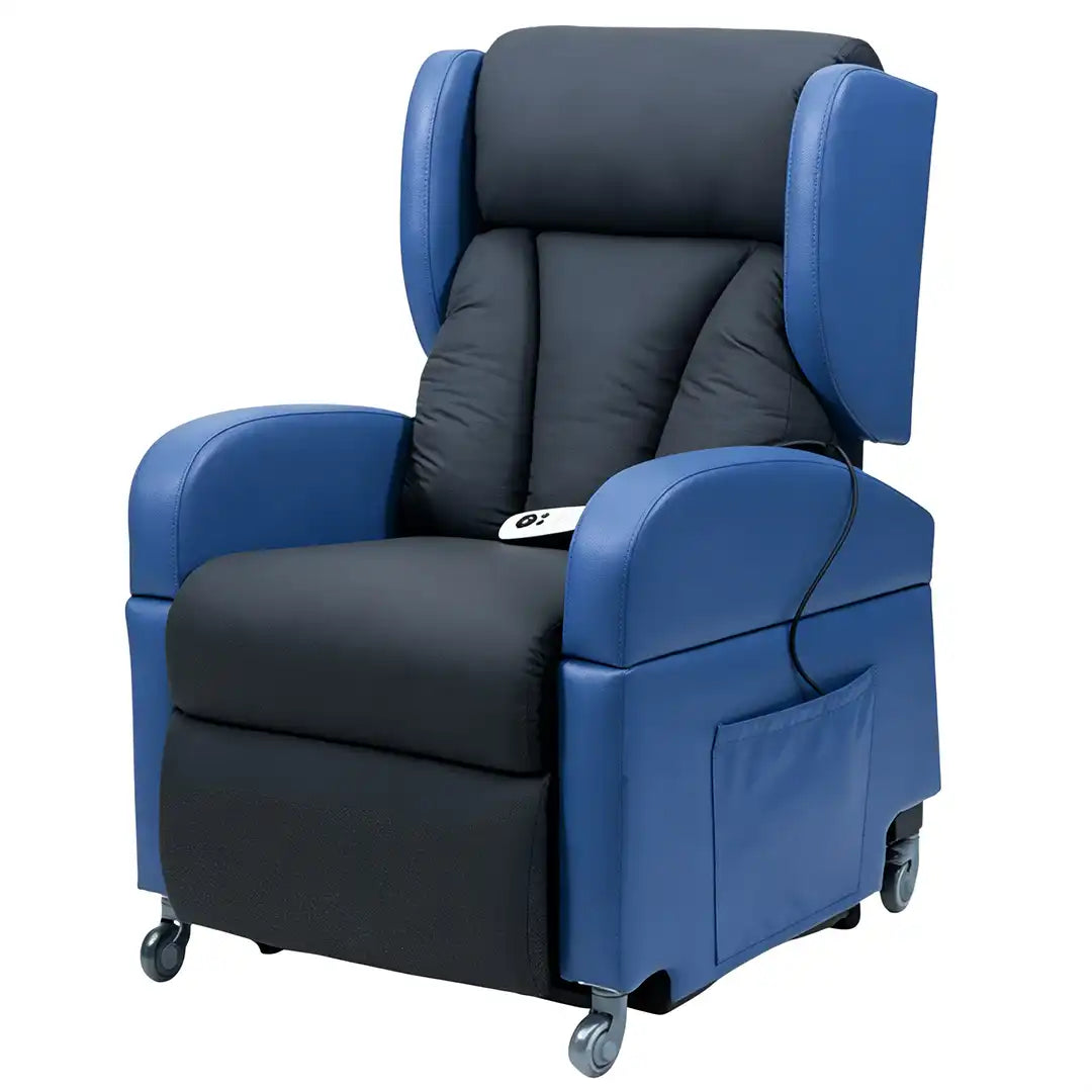 Vista frontal del sillón relax con función elevación y reclinación ideal para personas con movilidad reducida con dificultad para levantarse y sentarse dortomedical