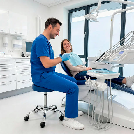 Taburete ergonómico azul en entorno de clínica dental profesional dortomedical