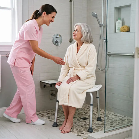 Usuaria utilizando el taburete para ducha con medidas compactas que facilita el uso en espacios reducidos dortomedical