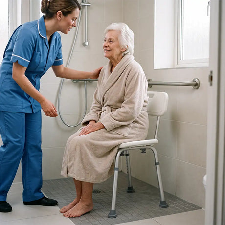 Usuaria utilizando la silla de ducha y baño con asiento ergonómico para uso diario dortomedical