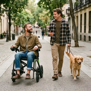 Usuario paseando junto a un amigo en la silla de ruedas eléctrica plegable de carbono plegada sin retirar la batería dortomedical
