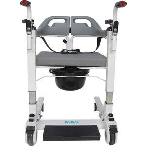 Vista frontal de la silla Easy Move con asiento ergonómico y respaldo de poliuretano diseñado para el máximo confort del paciente con movilidad reducida dortomedical